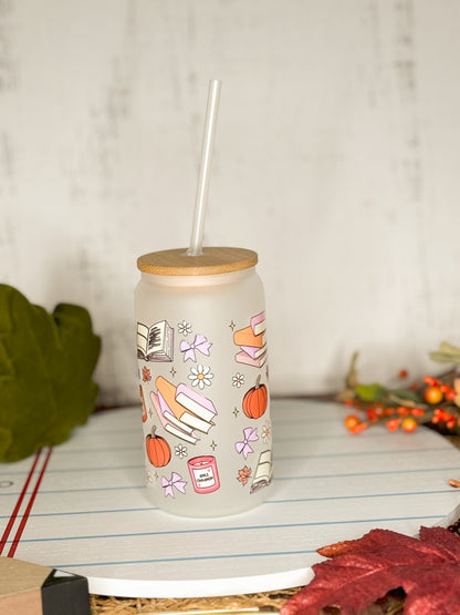 Custom fall cup, fall themed glass cups, fall themed beer glass, pumpkin spice cup, book and pumpkins themed cup, fall themed tumbler.