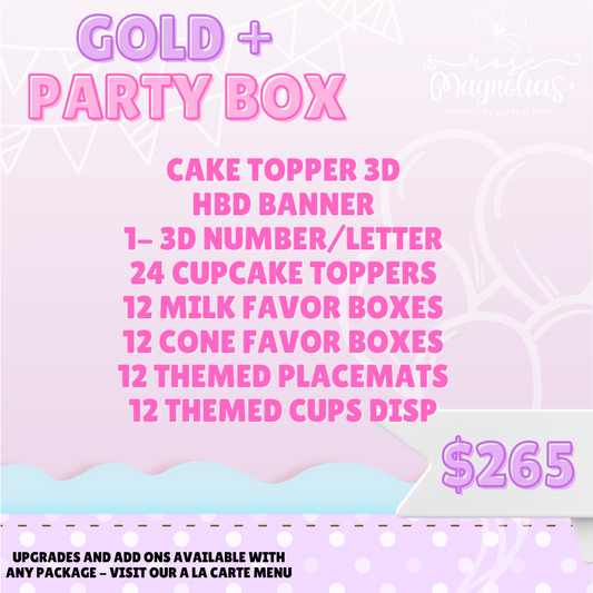 Gold + Party box image. Includes a 3D number or letter, 24 cupcale toppers, 12 milk favor boxes, 12 cone favors, 12 themed placemats and 12 themed disposable cups.