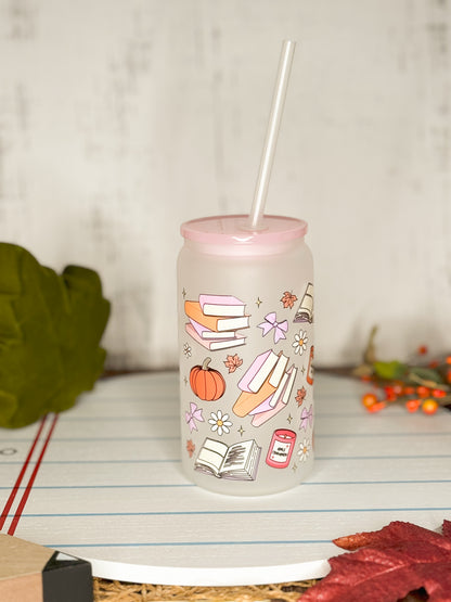 Custom fall cup, fall themed glass cups, fall themed beer glass, pumpkin spice cup, book and pumpkins themed cup, fall themed tumbler, fall themed cute cup, cute cup with pink lid, cute cup for a gift, cup for fall lover