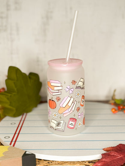 Custom fall cup, fall themed glass cups, fall themed beer glass, pumpkin spice cup, book and pumpkins themed cup, fall themed tumbler, fall themed cute cup, cute fall cup with pink lid, cute cup for iced coffee, cup with a candles and book design 