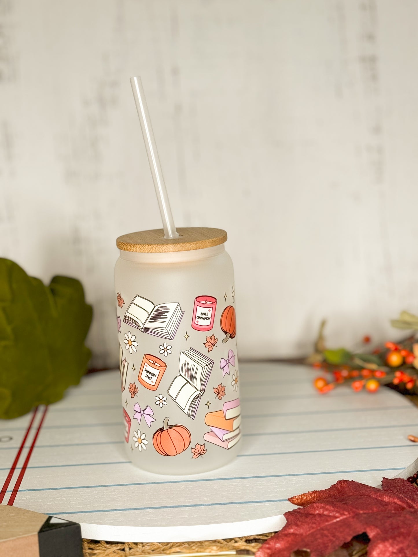 Custom fall cup, fall themed glass cups, fall themed beer glass, pumpkin spice cup, book and pumpkins themed cup, fall themed tumbler, fall themed cute cup, cute cup for coffee