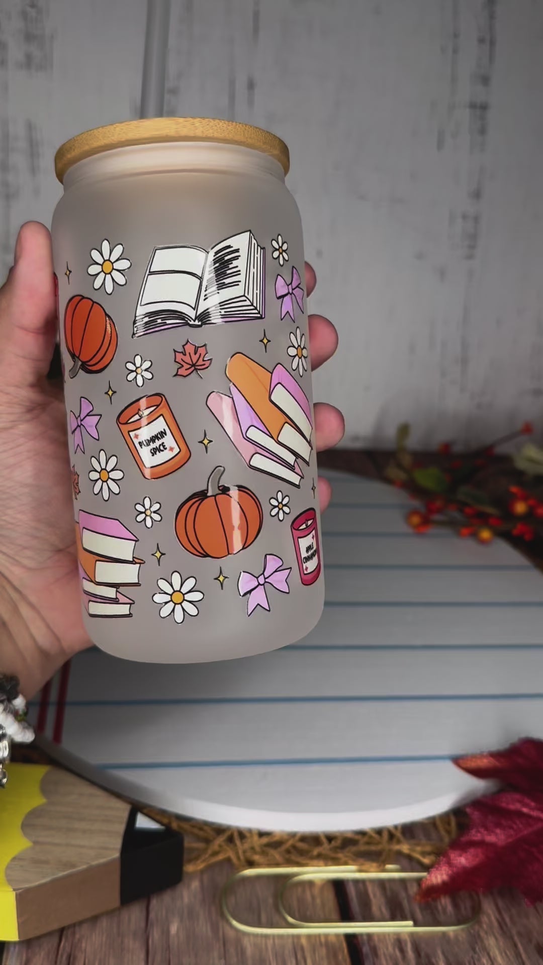 Custom fall cup, fall themed glass cups, fall themed beer glass, pumpkin spice cup, book and pumpkins themed cup, fall themed tumbler, fall themed cute cup, cute fall cup with pink lid, cute cup for iced coffee, cute cup for coffee lover